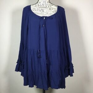 Western tiered ruffle and tassel sleeve floaty blue peasant top keyhole front XL